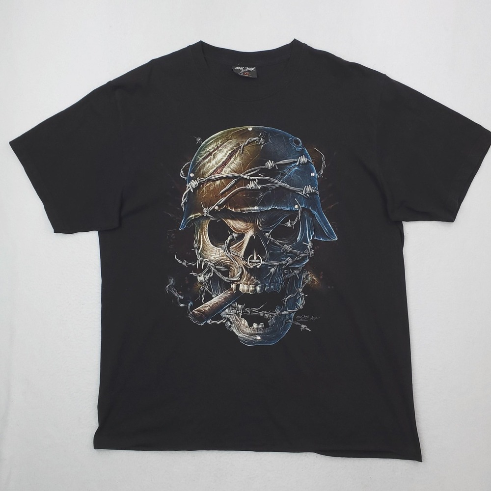 Vintage Rock Chang Shirt 2XL Black Skull Barbed‎ Wire Army Military Glow In Dark